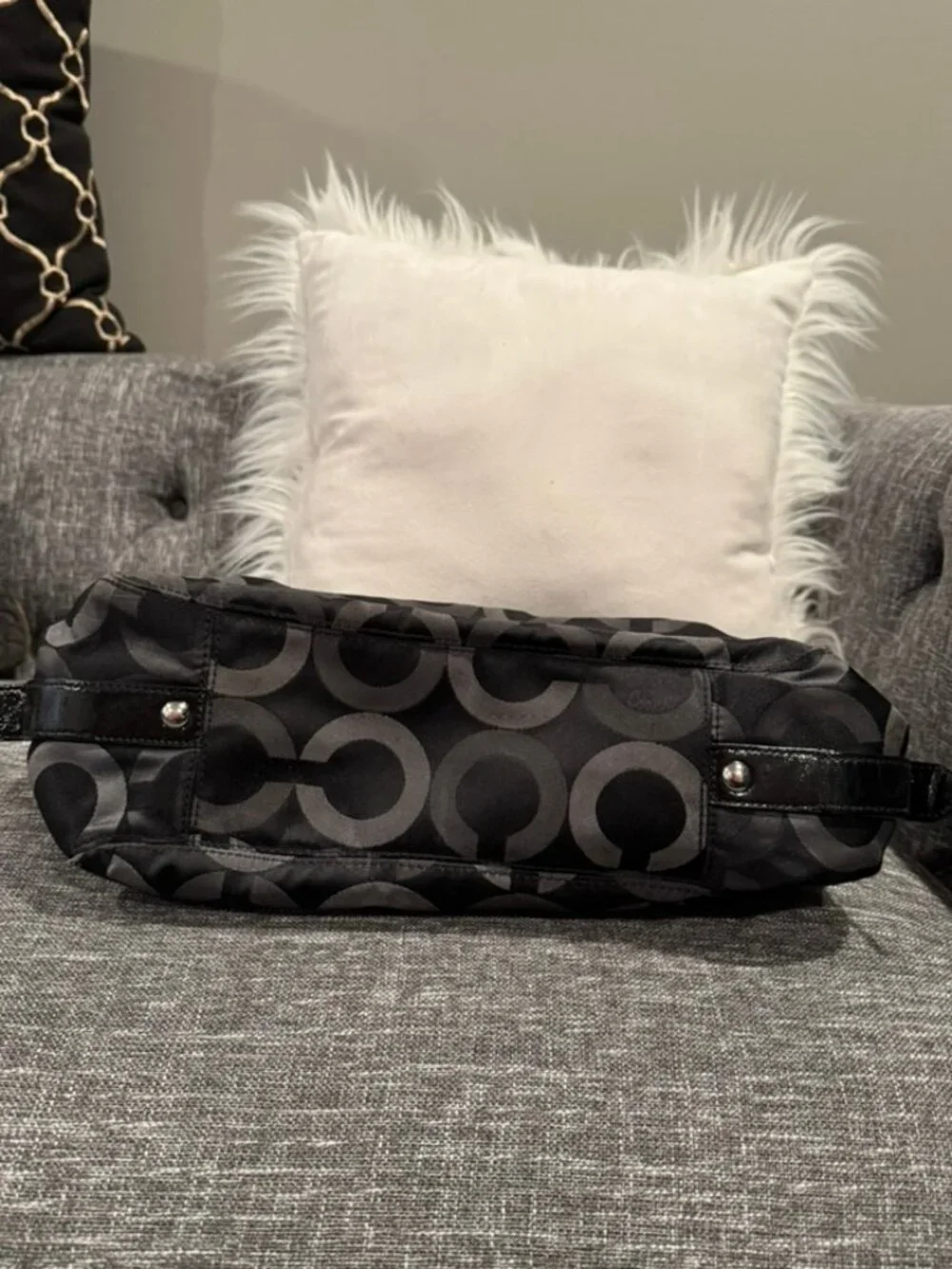 Coach Op Art Multi-Compartment Shoulder Bag – Black Gray Jacquard – Style 15573